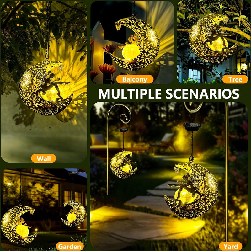 CF Solar Garden Fairy Statues Decor Hanging Lights,Outdoor Moon Decorations Metal Yard Art,Housewarming for Patio,Wall,Fences,Trail,Great Gift Idea for Gardening Mom and Grandma - Image 5